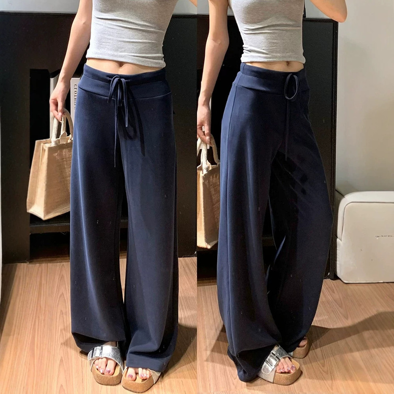 Lulu-style navy blue women's sports pants for spring and autumn, thin, loose, flowing, casual, slimming, high-waisted, straight-leg, wide-leg sweatpants