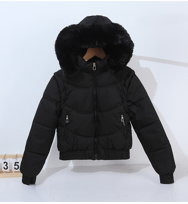 欧美女装可脱卸袖两穿短款修身高腰棉服外套休闲加厚毛领加绒棉衣|undefined