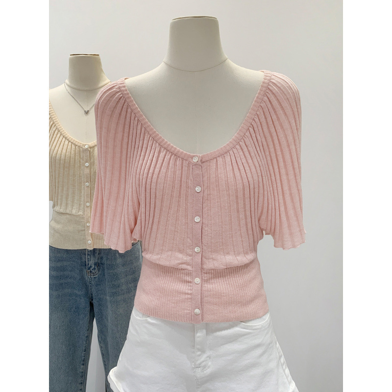 2026 Summer New Style Pink Buttoned Bell-Sleeve Wool Knit T-Shirt, Particularly Beautiful Summer Top with Cinched Waist for Women