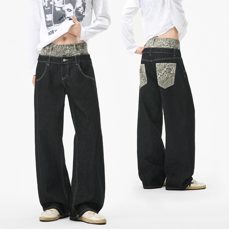 LKTM Men's 26AW Leopard Print Double Waistband Raw Denim Jeans, Unisex, Stacked Design, Color-Blocked Straight-Leg Long Pants