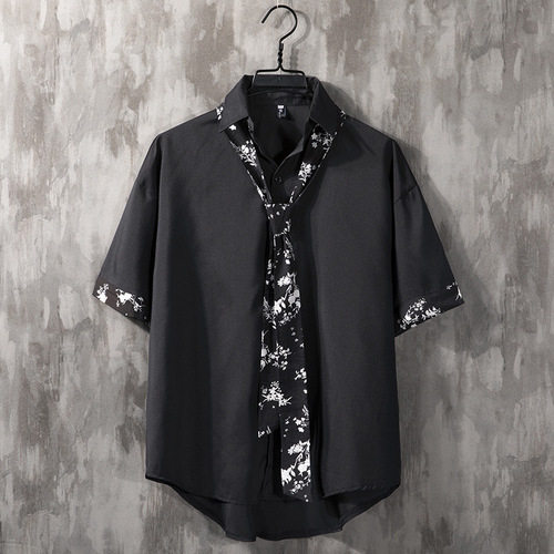 Men's Cool Street Style 7-Button Collar Shirt, Korean Version, Trendy, Stylish, Loose, Hong Kong Style, Casual, Versatile, Black Shirt