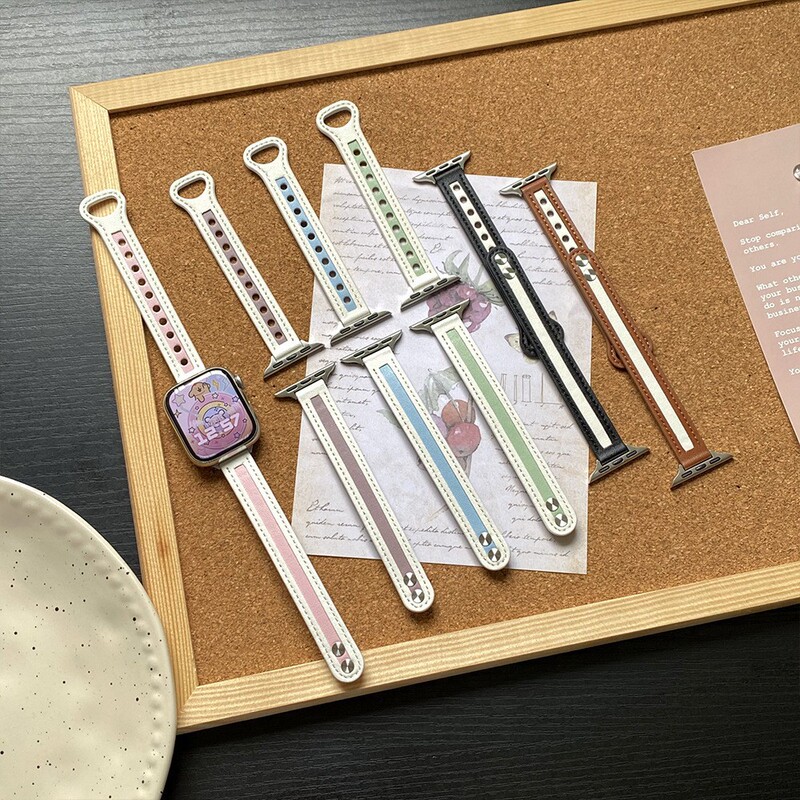 Suitable for Apple Watch 11 Small Waist-Shaped Genuine Leather iWatch 5678910 Slimming Double-Stud Strap