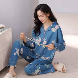 睡衣女士纯棉长袖春秋冬季开衫大码宽松中年妈妈家居服夏薄款套装