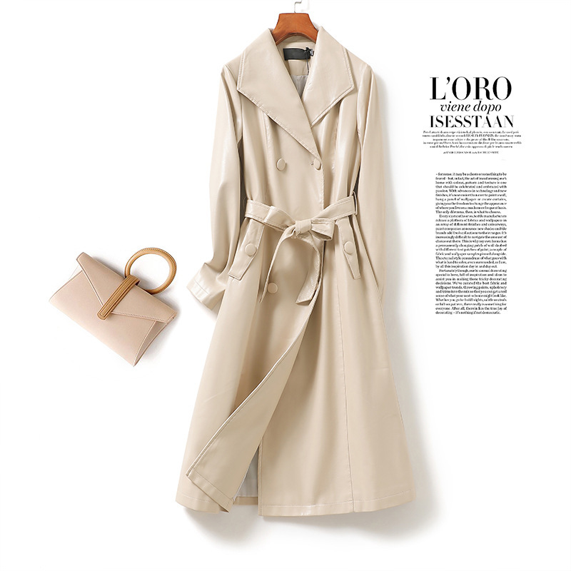 Cross-Border Autumn and Winter New Haining Sheepskin Long Trench Coat with a High-End Feel, Waist-Cinching, Fashionable Turn-Down Collar Jacket Wholesale