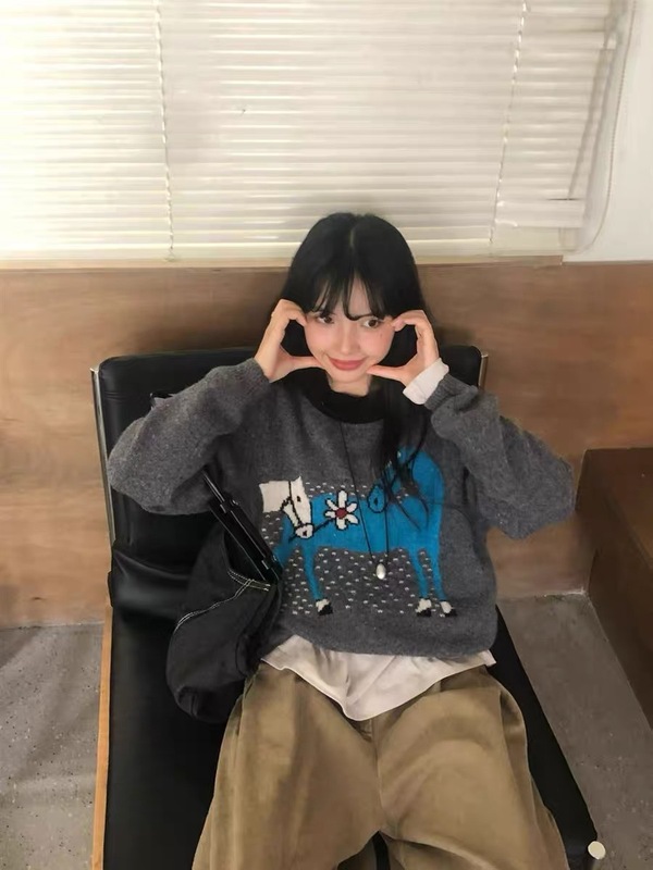 韩系卡通小马提花圆领套头毛衣女秋冬新款宽松时尚减龄针织衫上衣|undefined