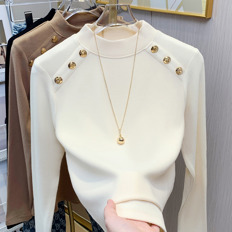 Camisa de fondo de terciopelo alemán con cuello medio alto para mujer 2024 nuevo estilo de otoño e invierno que se puede usar en el exterior, top de diseño de estilo occidental delgado image 3