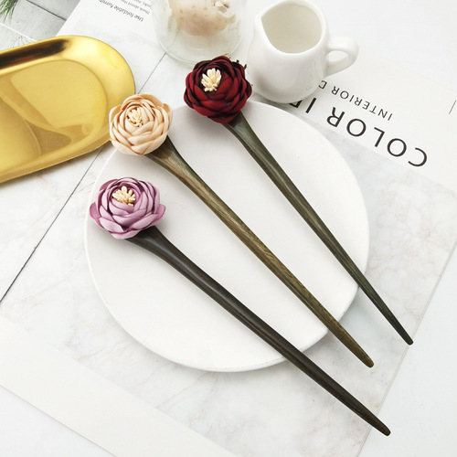 Flower Sandalwood Hairpins Retro Cheongsam Accessories Hairpins for Hair Combs Ancient Style Hanfu Hair Accessories Versatile Simple Elegant