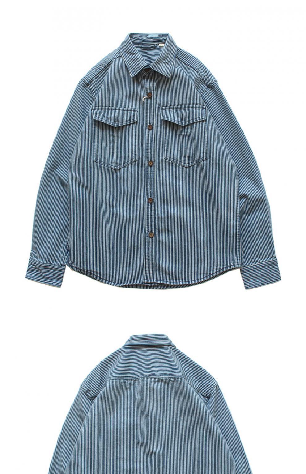Vintage-Jeanshemd für Herren – Schweres, gestreiftes Langarm-Freizeithemd mit zwei Taschen, lockerer Passform, Polyester-Mischgewebe_voghion.com