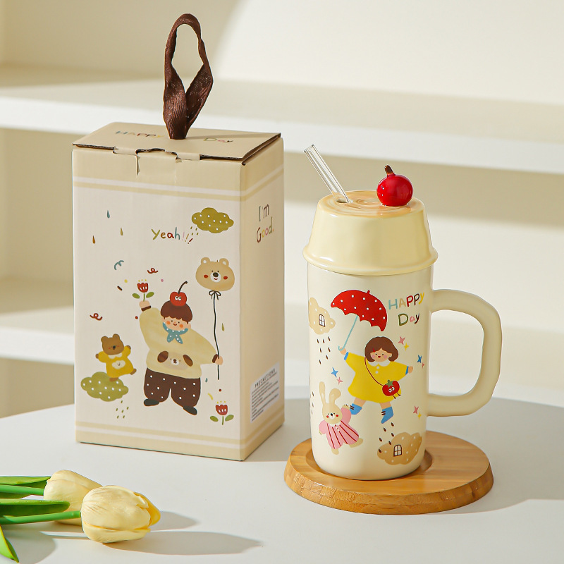 Caricatura creativa para niños y niñas tazas de cerámica con cubierta de paja para parejas tazas de agua taza de leche taza de desayuno regalo