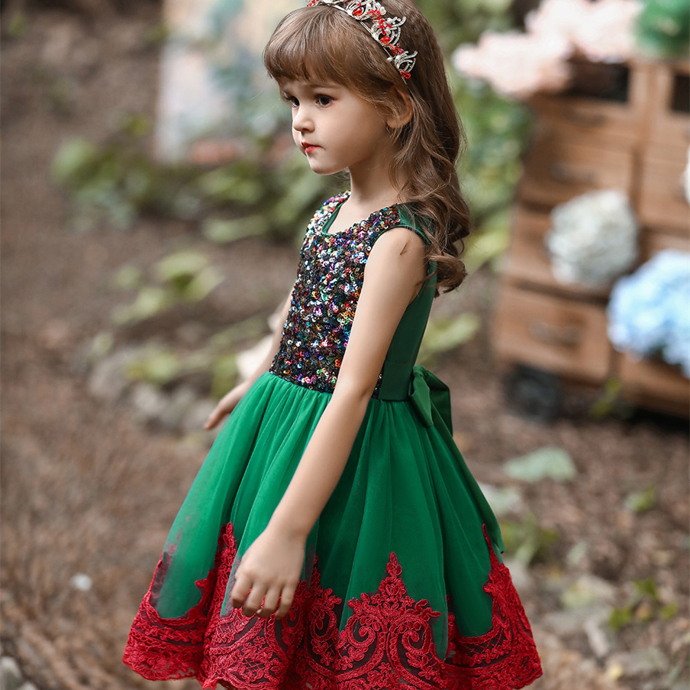 外貿(mào)繡花新款圣誕節(jié)兒童服裝女童亮片公主連衣裙cosplay紅演出服