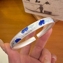 祥云女新中式时尚实心开口手环古法青云实心开口纯银手镯手工打造