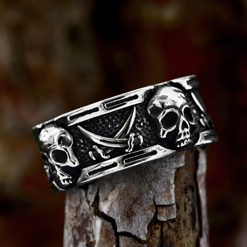Beier Cross-border New Stainless Steel Punk Hip-hop Skull Ring Wholesale Titanium Steel Personal Dual Scythe Ring