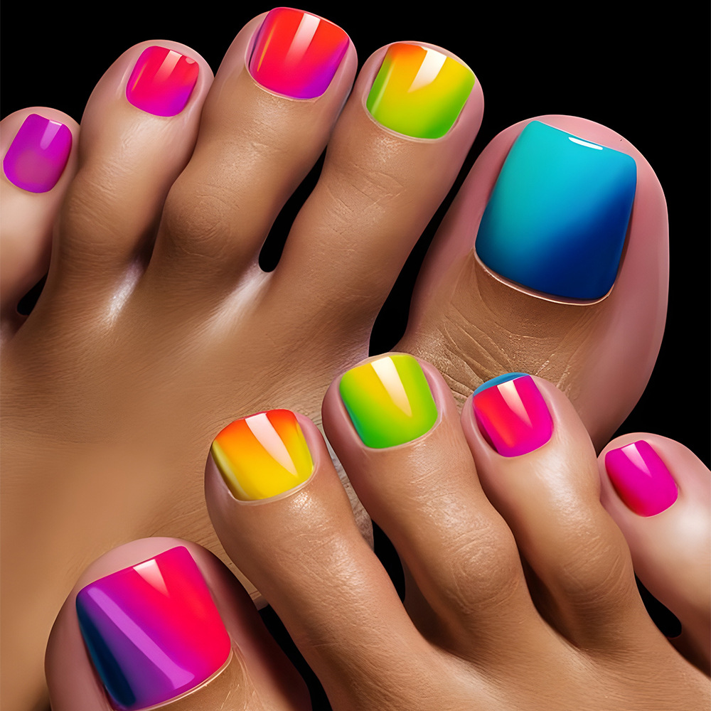 24 piezas en caja de uñas dulces y frescas, parches de uñas de color arco iris, productos terminados, venta en caliente transfronteriza de uñas de pie de gradiente