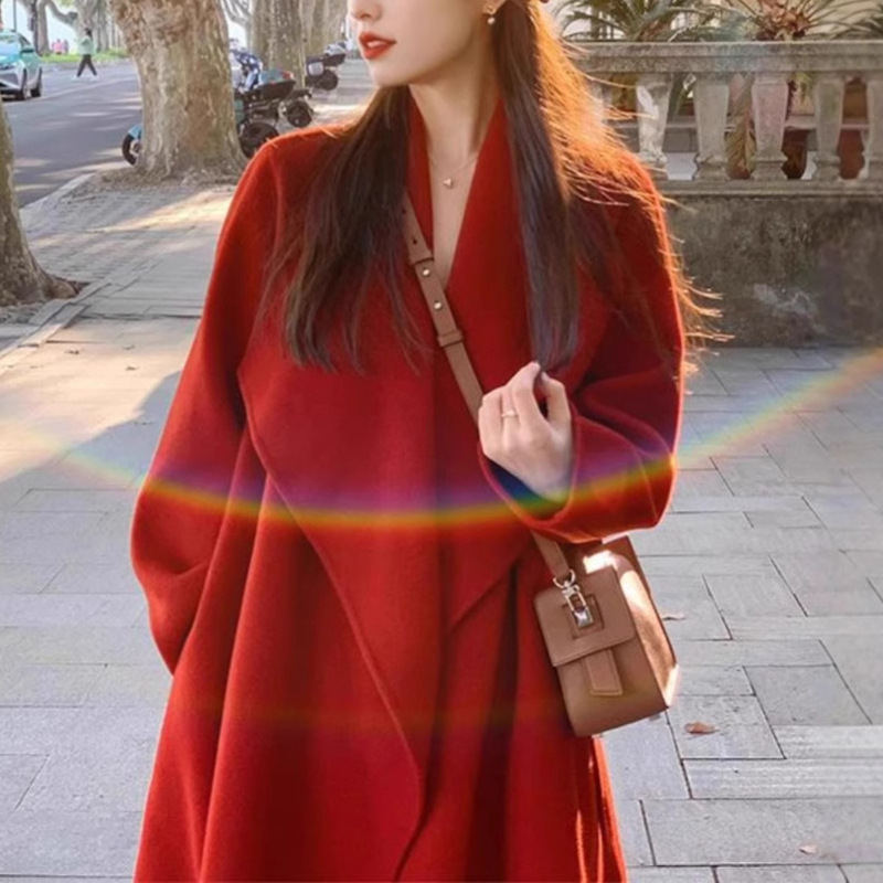 Wedding Double-Sided Woolen Cashmere Outwear for Women 2025 Winter High-End Christmas Red Mid-Length Woolen Outwear for Women Wedding Double-Sided Woolen Cashmere Outwear for Women 2025 Winter High-End Christmas Red Mid-Length Woolen Outwear for Women