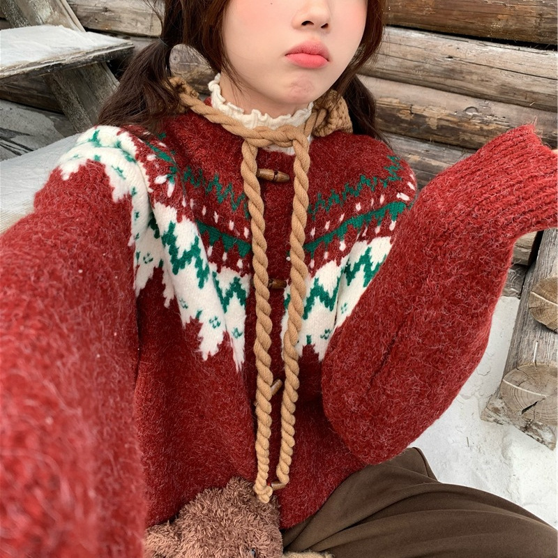 Fair Isle Christmas Autumn and Winter Retro Contrasting Color Festive Atmosphere Horn Button Lazy Style Sweater Cardigan Jacket for Women