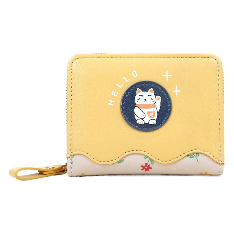 New Women's Wallet Short Cute Cartoon Pu Coin Purse Female Lucky Cat Student Wallet Card Bag Purse