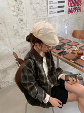 【方吐司】复古磨毛格子衬衫女秋新款韩版宽松显瘦休闲POLO领衬衣