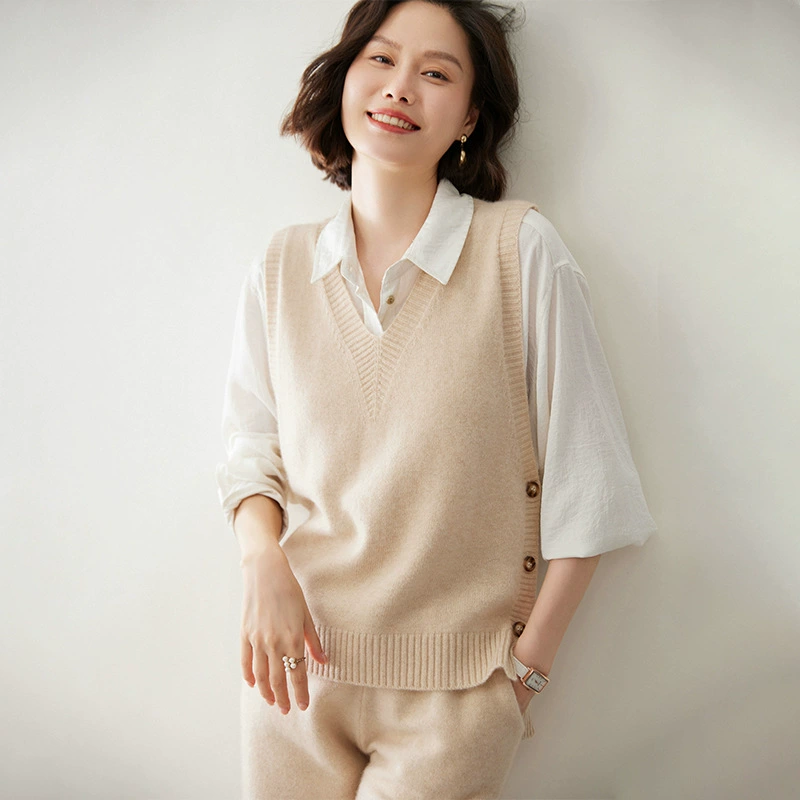 Винтажный Женский кашемировый жилет с двойным V-образным вырезом и разрезом осень/зима 2023 Новый жилет Внешний жилет Вязаный теплый жилет