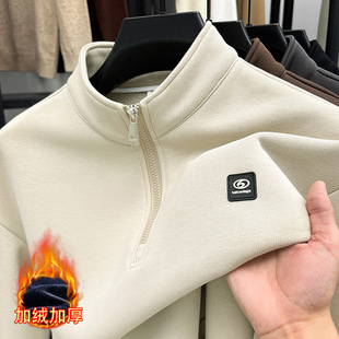 Brand winter new men's fleece-lined sweater stand collar half zipper middle-aged and young casual loose thick base shirt trend
