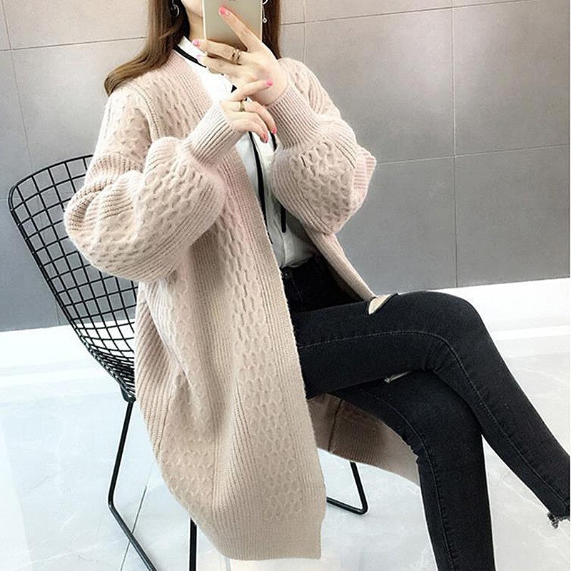 2026 Autumn and Winter New Style Loose V Neck Lantern Sleeve Mid-Length Sweater Cardigan Pure Color Knitted Cardigan Women's Jacket