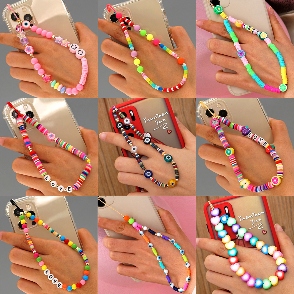 21 new spot manufacturers wholesale Bohemia rainbow color soft pottery pearl personality mobile phone chain pendant rope