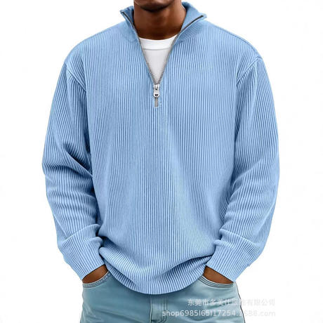 2025 European and American Autumn New Pullover Men's Casual Top Stand Collar Zipper Corduroy Long-Sleeve Men's Polo Shirt