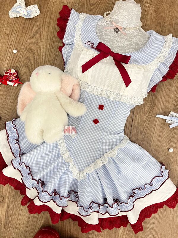 日本の甘いチェリーボールブルーチェック柄ドレス夏かわいいロリータ小さなフライングスリーブふわふわプリンセスドレス|undefined