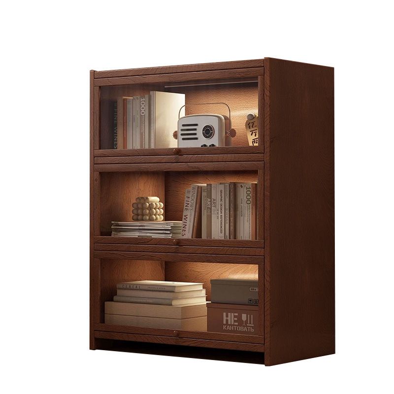 Librería de piso retro americano, armario de madera maciza, armario de almacenamiento, armario de exhibición de almacenamiento de sala de estar, estante integrado contra la pared