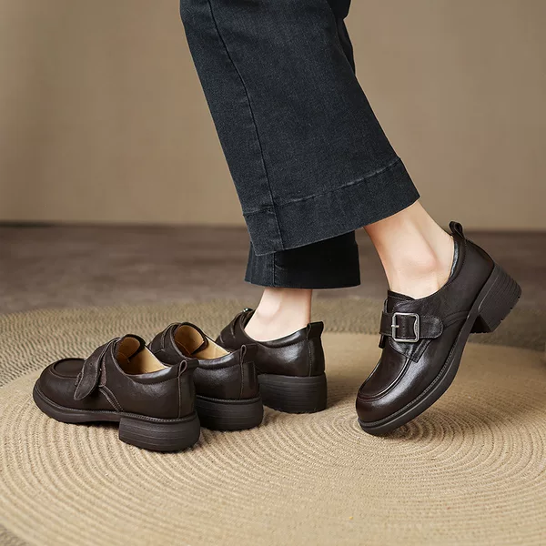 Genuine Leather Metal Buckle Women's Loafers, Spring and Autumn, Silent, for Work and Office, Thick-Soled, Slip-On