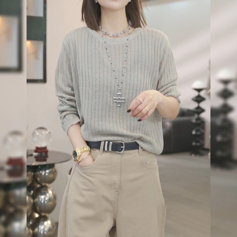 高级感气质灰色圆领针织衫女2025早秋新款大码女装洋气欧货上衣潮|undefined