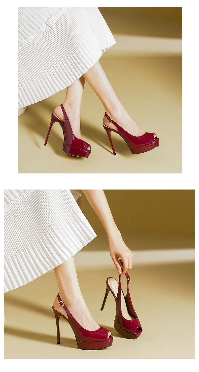 Sandal cao gót nữ hở mũi gót nhọn, đế chống nước, phong cách mùa hè — Đỏ rượu chi tiết 8