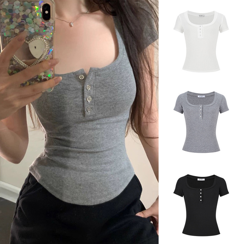 Mosesqueen/Queen Moses Stylish Cool Half-Button Low-Neck Short-Sleeve T-Shirt for Women, Slim-Fit Top