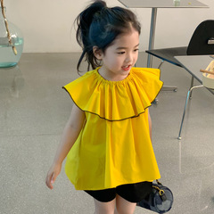 韓國童裝襯衫夏裝新款女童兒童荷葉領公主風襯衣韓版寬鬆短袖上衣