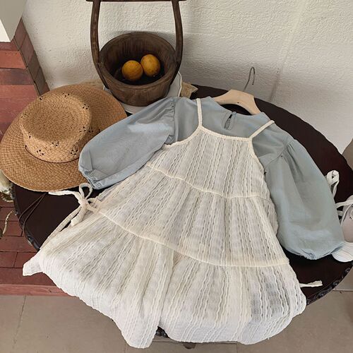 Cotton Domi Girl 2024 Spring Summer Korean Children's Clothing Solid Color Blouse Lace Tank Top Dress Fashion Long Dress Set
