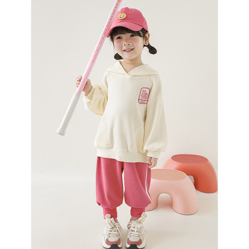Qiu Duomeng Girls Casual Sports Suit 2024 Spring and Autumn New Children's Cartoon Hooded Sweatshirt and Pants Two-piece Set