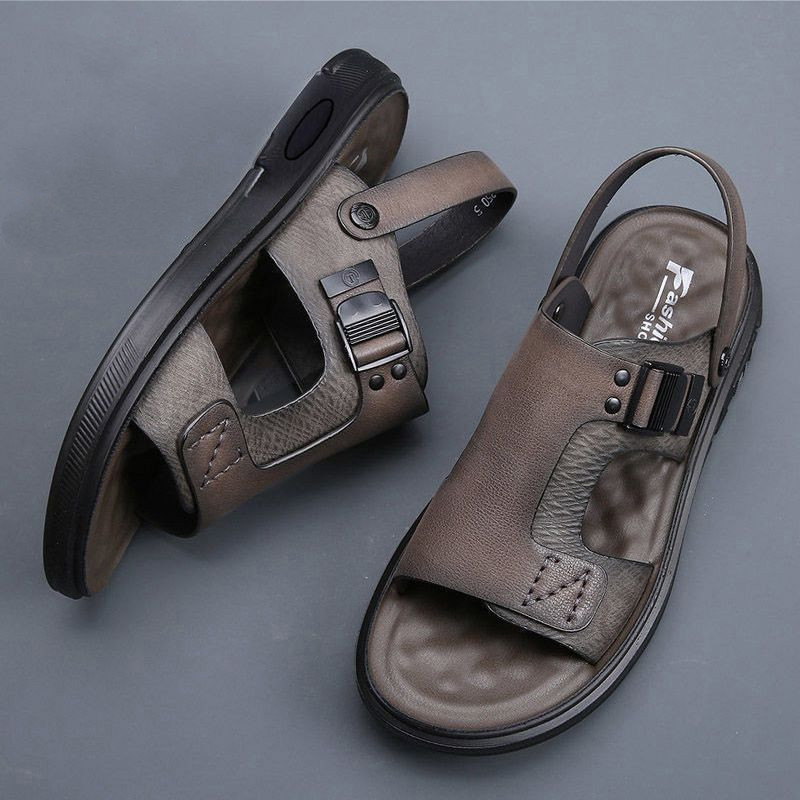 Top Layer Cowhide Sandals Men's Fashionable Men's Outdoor Open Toe Slippers Casual Genuine Leather Soft Sole Non-Slip Beach Shoes
