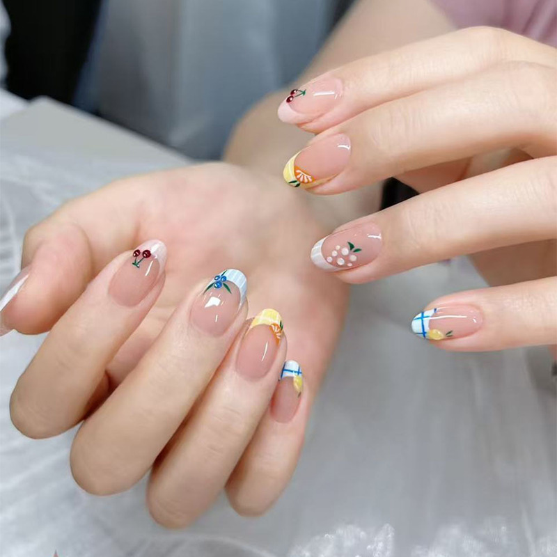 Summer Fruit-Themed Short Round Press-On Nails, French Style, Sweet and Cute Fake Nails, Everyday Wear, Brightening Effect, Wholesale Summer Fruit-Themed Short Round Press-On Nails, French Style, Sweet and Cute Fake Nails, Everyday Wear, Brightening Effect, Wholesale