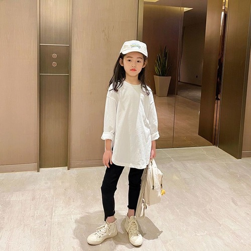 Girls spring long-sleeved T-shirt 2024 new children's pure white slit bottoming shirt tops for older children