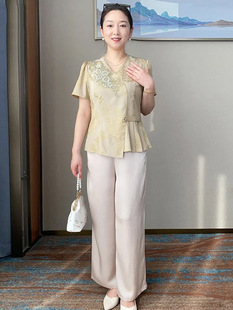 Mother's Day Mom's Summer Elegant Short-Sleeved Shirt Suit Middle-Aged and Elderly Chinese Style Loose Fashion Top Two-Piece Set