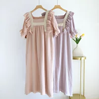 Летняя пижама, хлопковая муслиновая тонкая цветная длинная юбка, с коротким рукавом, квадратный вырез, свободный крой