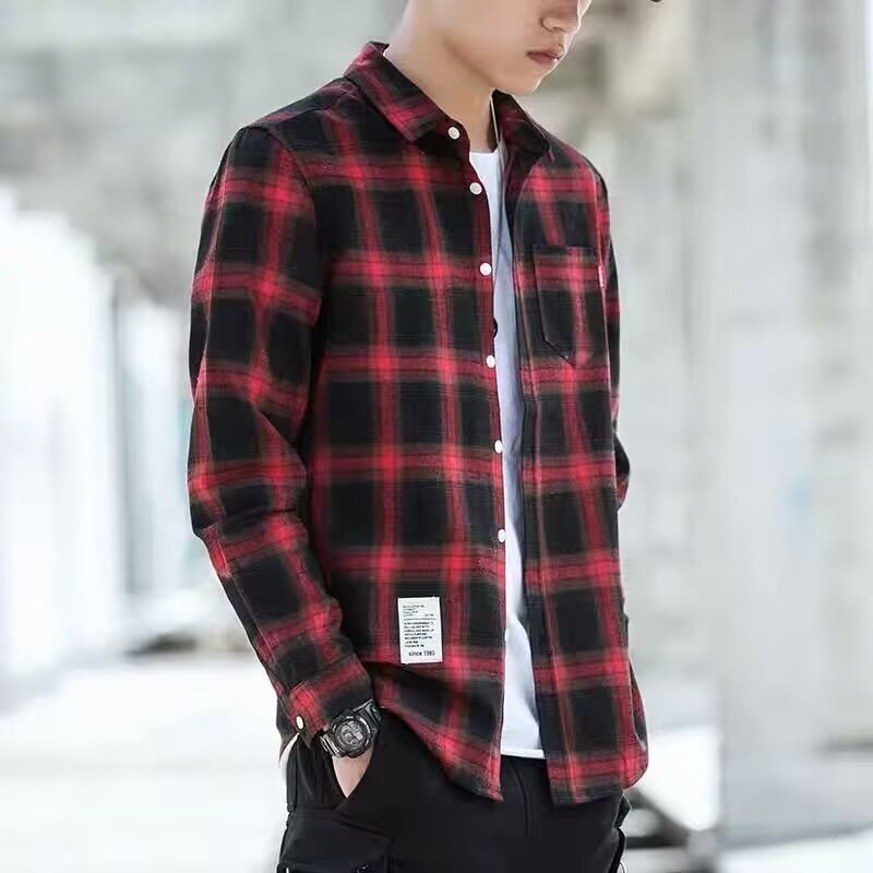 Autumn Japanese-Style Black and White Plaid Long-Sleeve Shirt for Men, Unique Design, Retro Hong Kong Style, Loose Fit, Versatile Shirt Jacket
