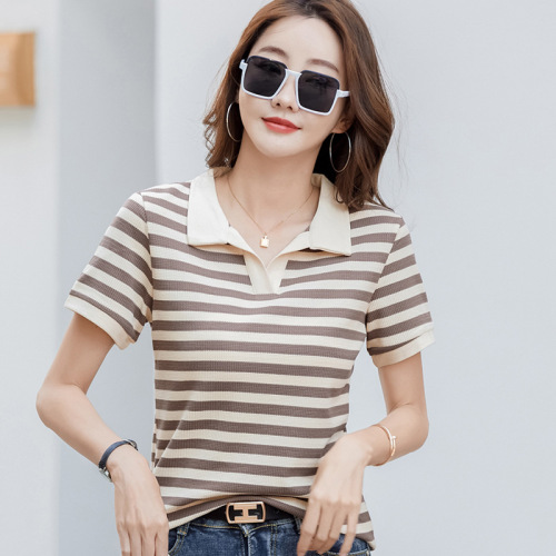 411 休闲百搭条纹polo衫女夏季短袖t恤大码宽松翻领复古正肩短袖T