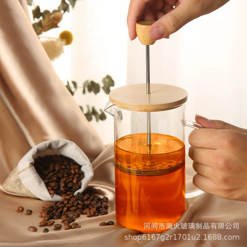 Кофейник-френч-пресс с деревянной крышкой, чайник из высококачественного боросиликатного стекла, кофейник-пресс из нержавеющей стали, чайник для холодного заваривания.