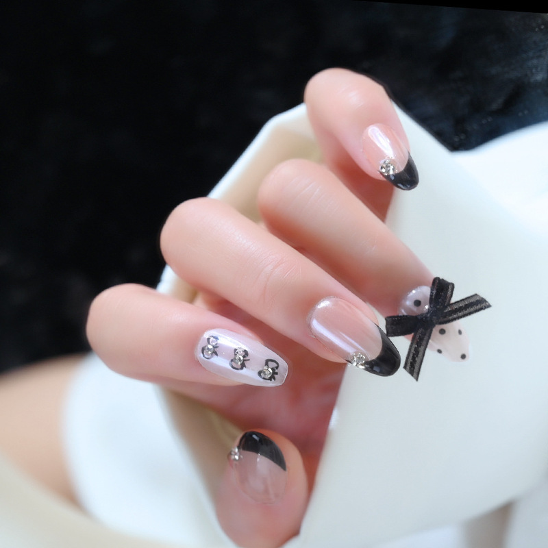 Pure Handmade Nail Ribbon Wear Nail Nail Sticker False Nail Little Red Book Explosive New Long Oval Black and White French Style
