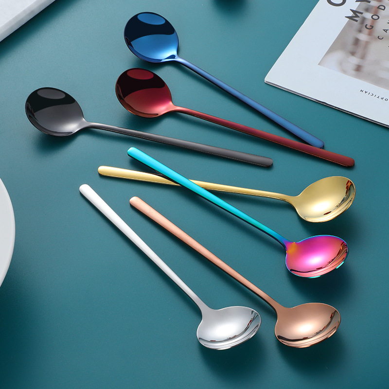 Cuchara de café de agitación creativa de acero inoxidable 304 transfronterizo titanio oro mango largo Cuchara de polvo de hielo de miel postre cuchara redonda pequeña