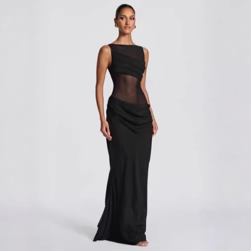 Women's Solid Color Patchwork Slim Fit Dress - Sheer Draped Evening Gown For Sophisticated Style_ecoleips.com