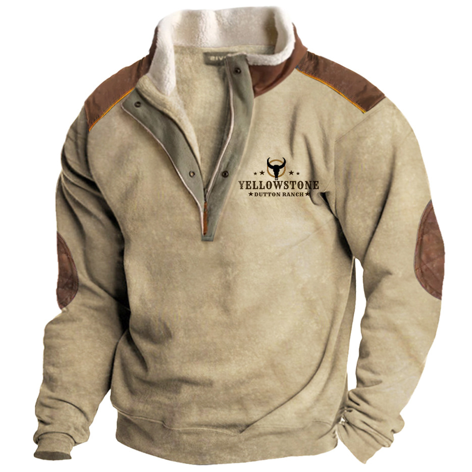 Cerniera stampata con lettera inglese Western Yellowstone da uomo con chiusura semiaperta sul davanti e colore a contrasto ispessito_voghion.com