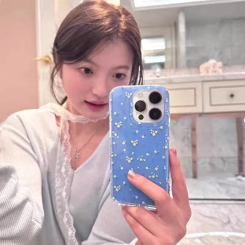 Nicho ins girl fondo azul floral para iphone15/16ProMax funda para teléfono 13 Apple 14 pulsera 16