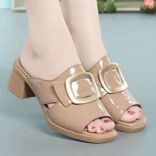 New Style Slippers for Women, Thick Heel Sandals, Soft Sole Ladies' Mom Sandals, Medium Heel Versatile Shoes, Open Toe Fish Mouth Shoes