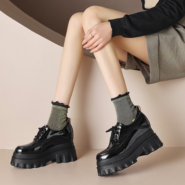 Giày loafer nữ đế xuồng cao gót 10cm, mũi tròn dây buộc, phong cách trẻ trung — màu be